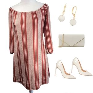 Mid Sleeve Lightweight On Or Off shoulder Maxi Dress With Vertical lines